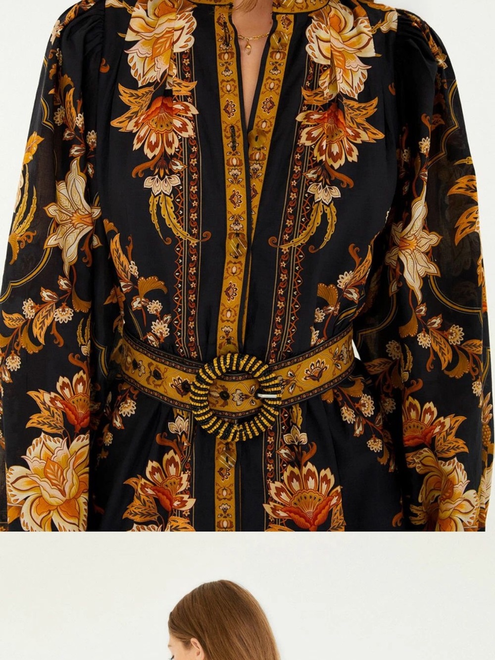FARM Rio Black Mini Dress with Gold & Orange Floral Print
